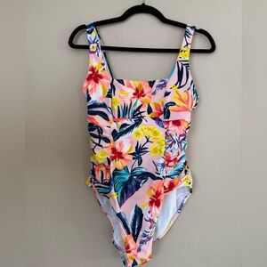 Old Navy Square Neck Pink and Yellow Floral One Piece Swimsuit